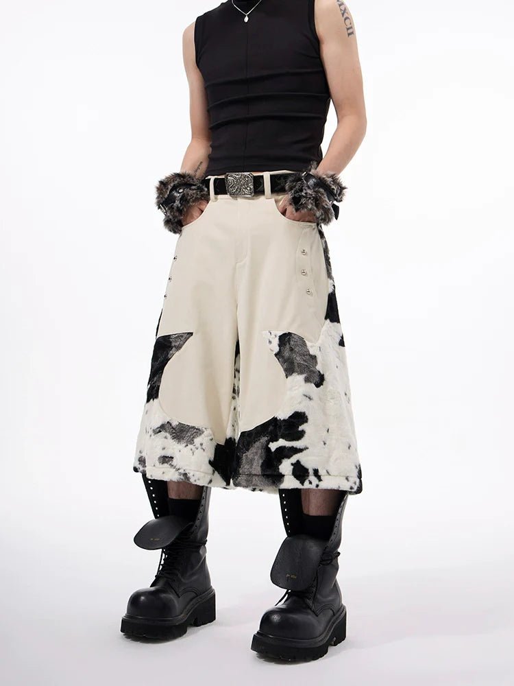 Cow Print Faux Fur Patch Shorts