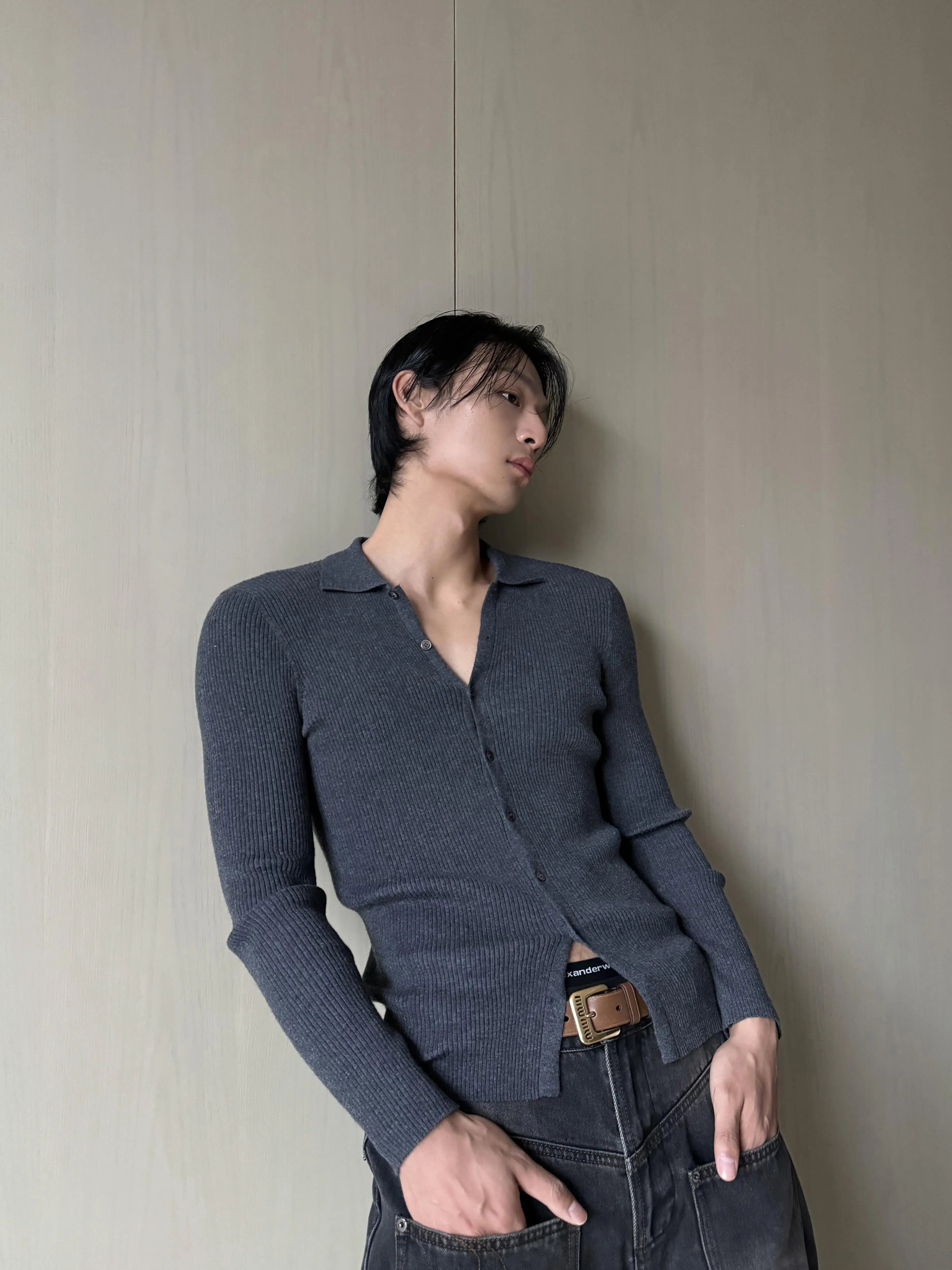 Charcoal Gray Classic V-Neck Button Cardigan