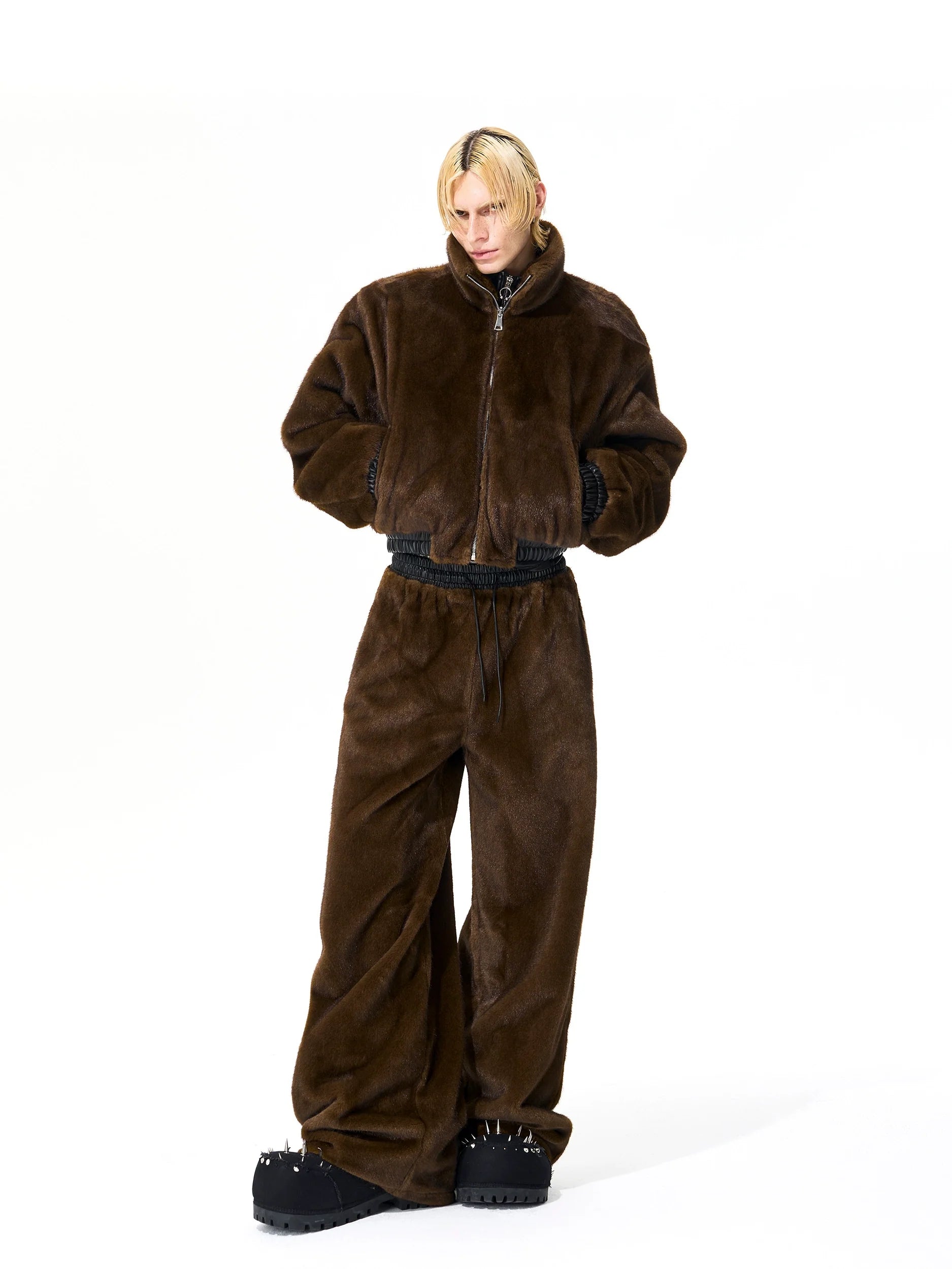 Brown Faux Fur Bomber Jacket and Wide Leg Pants Setup