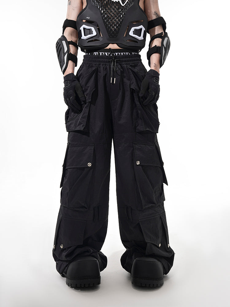 3D Black Wide-Leg Tactical Cargo Pants
