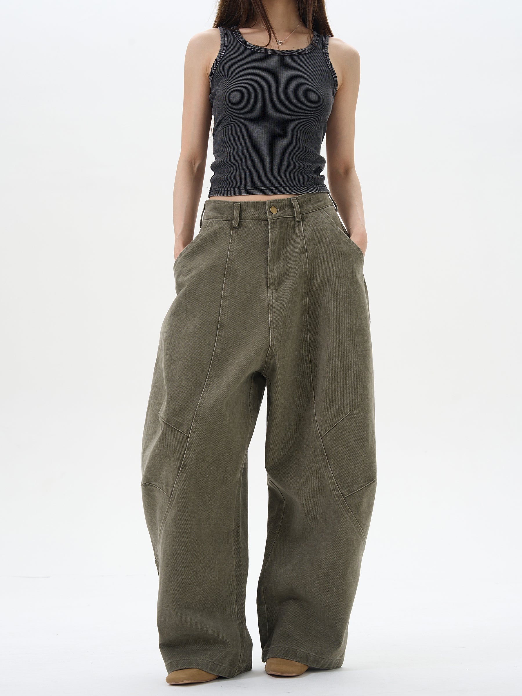 Wide Leg Pleated Dark Denim Pants
