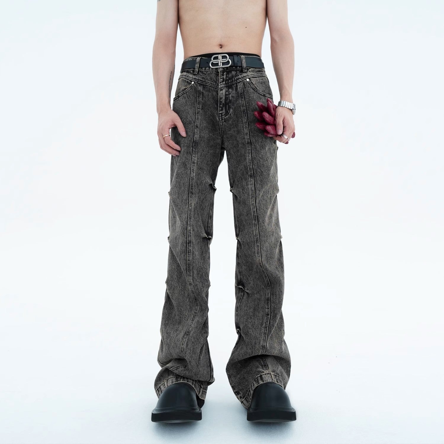 Pleated Distressed Bootcut Jeans