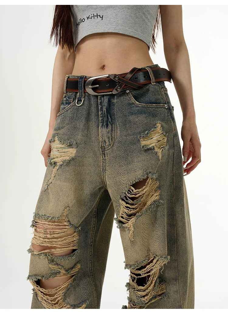 All-Over Distressed Wide-Leg Ripped Jeans