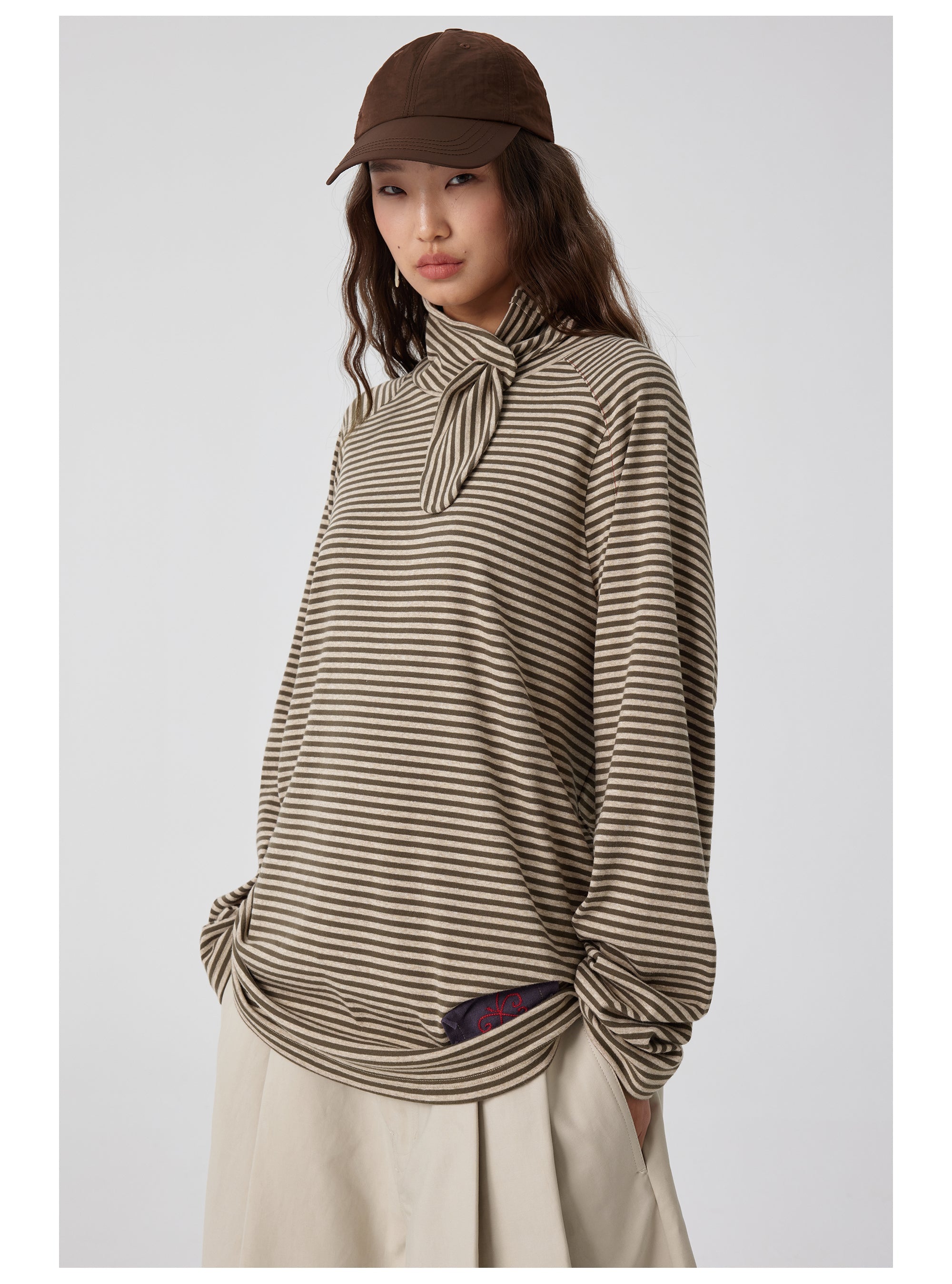 Striped Tie-Neck Long Sleeve Top