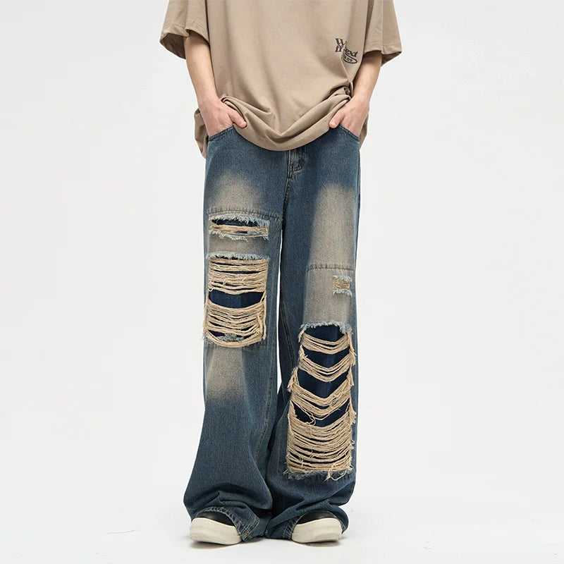 Dripped Panels Wide Leg Baggy Jeans