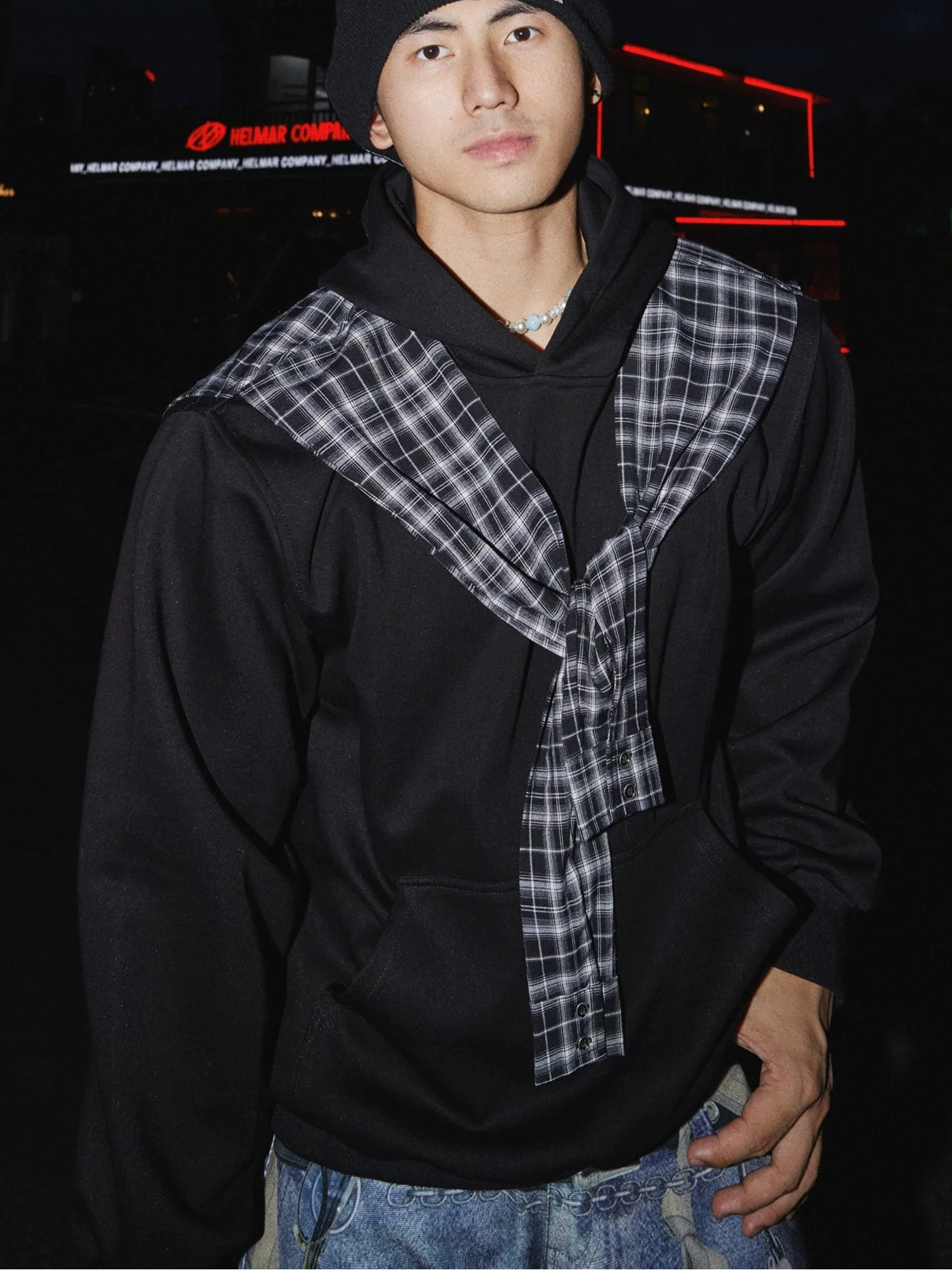 Hoodie with Plaid Scarf Detail