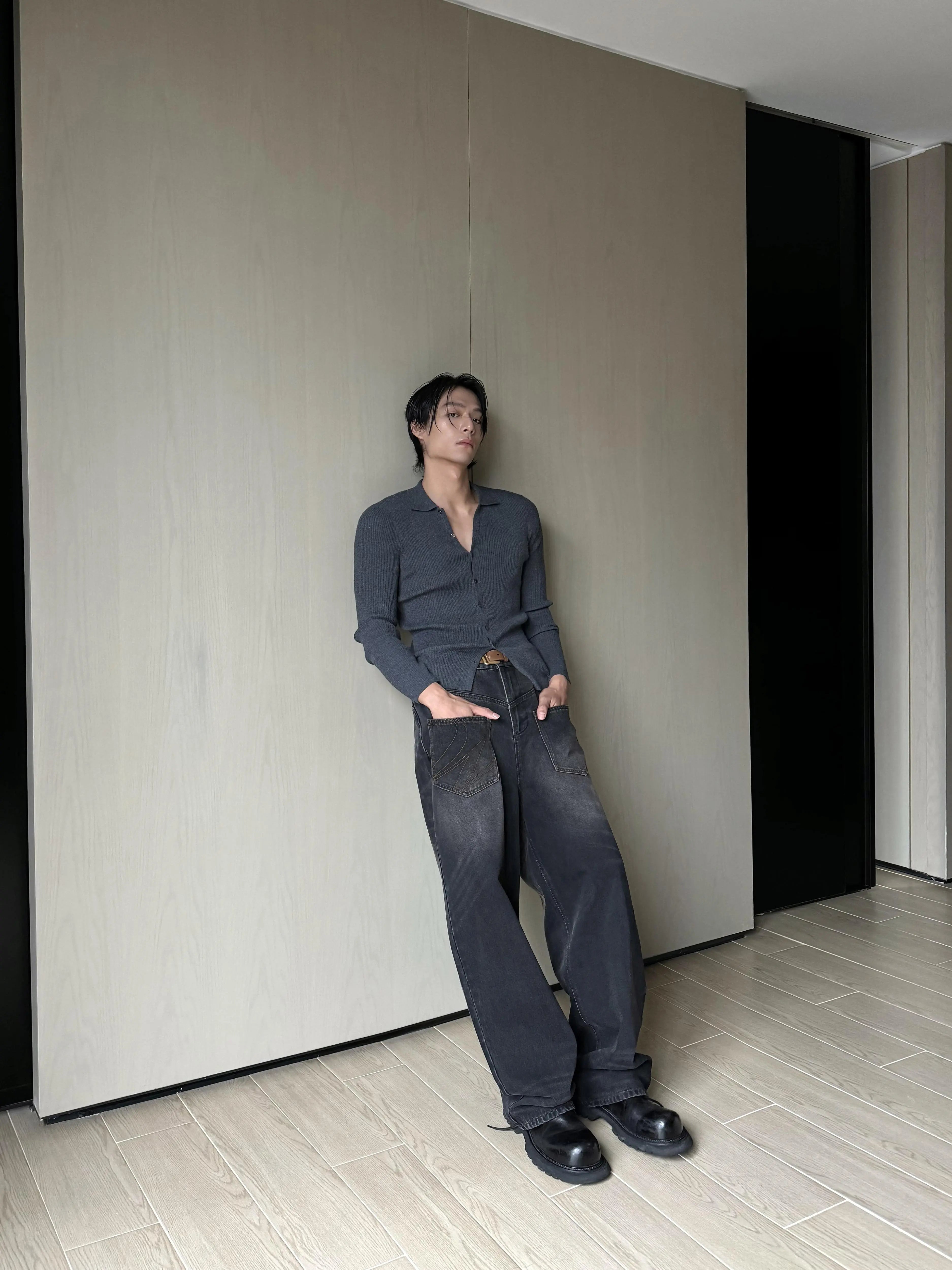 Charcoal Gray Classic V-Neck Button Cardigan