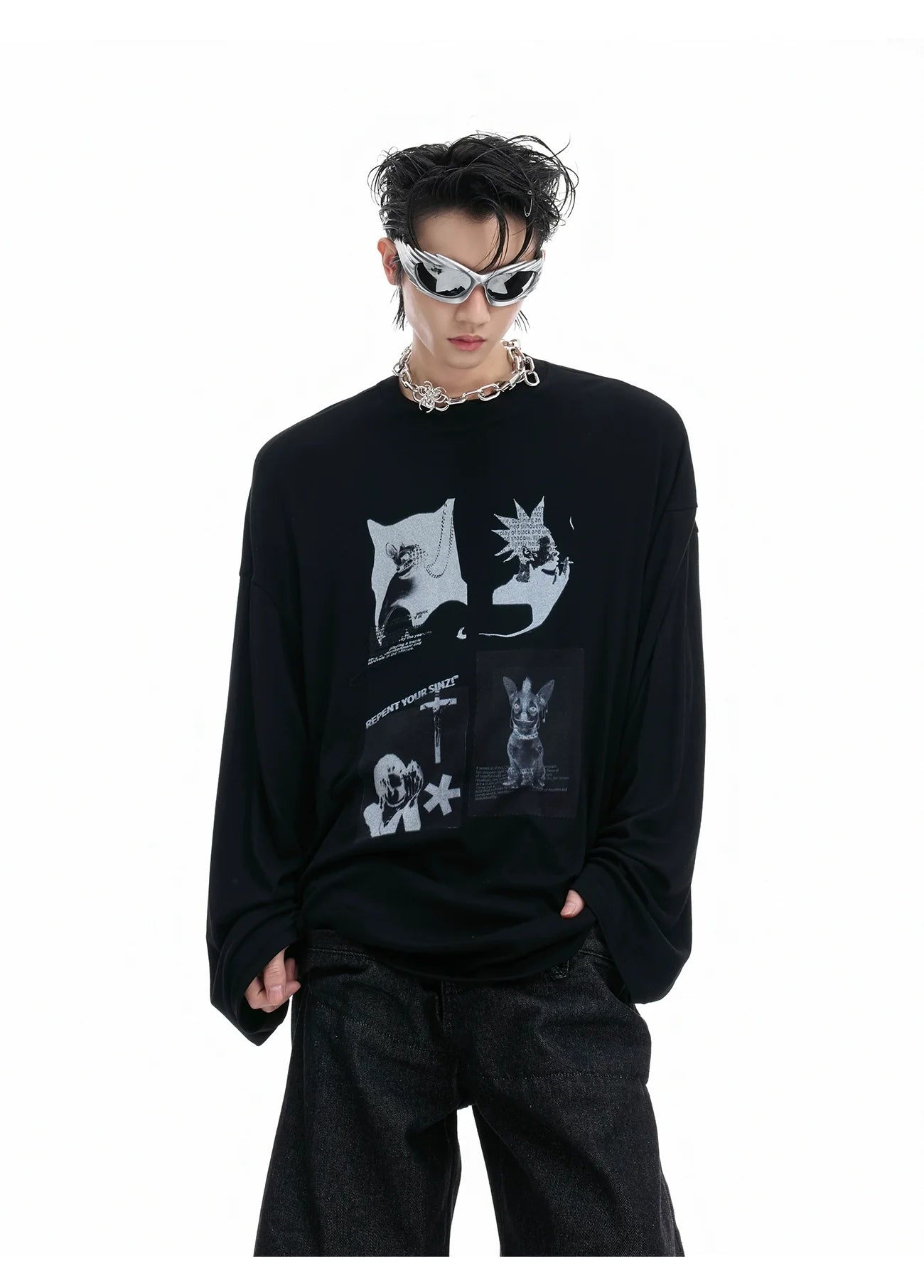 オーバーサイズグラフィックプリント長袖Tシャツ