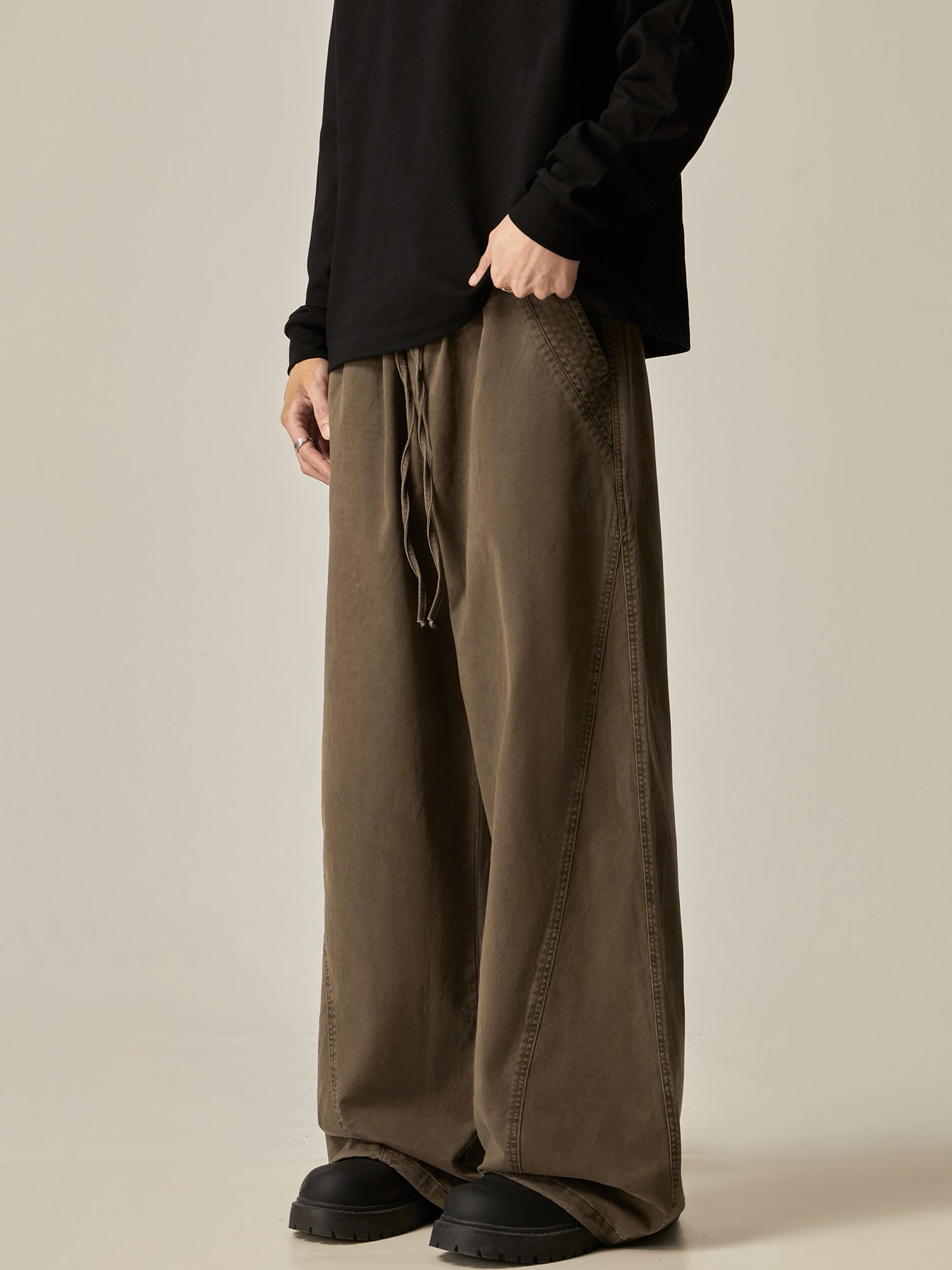 Brown Loose Drawstring Wide Pants