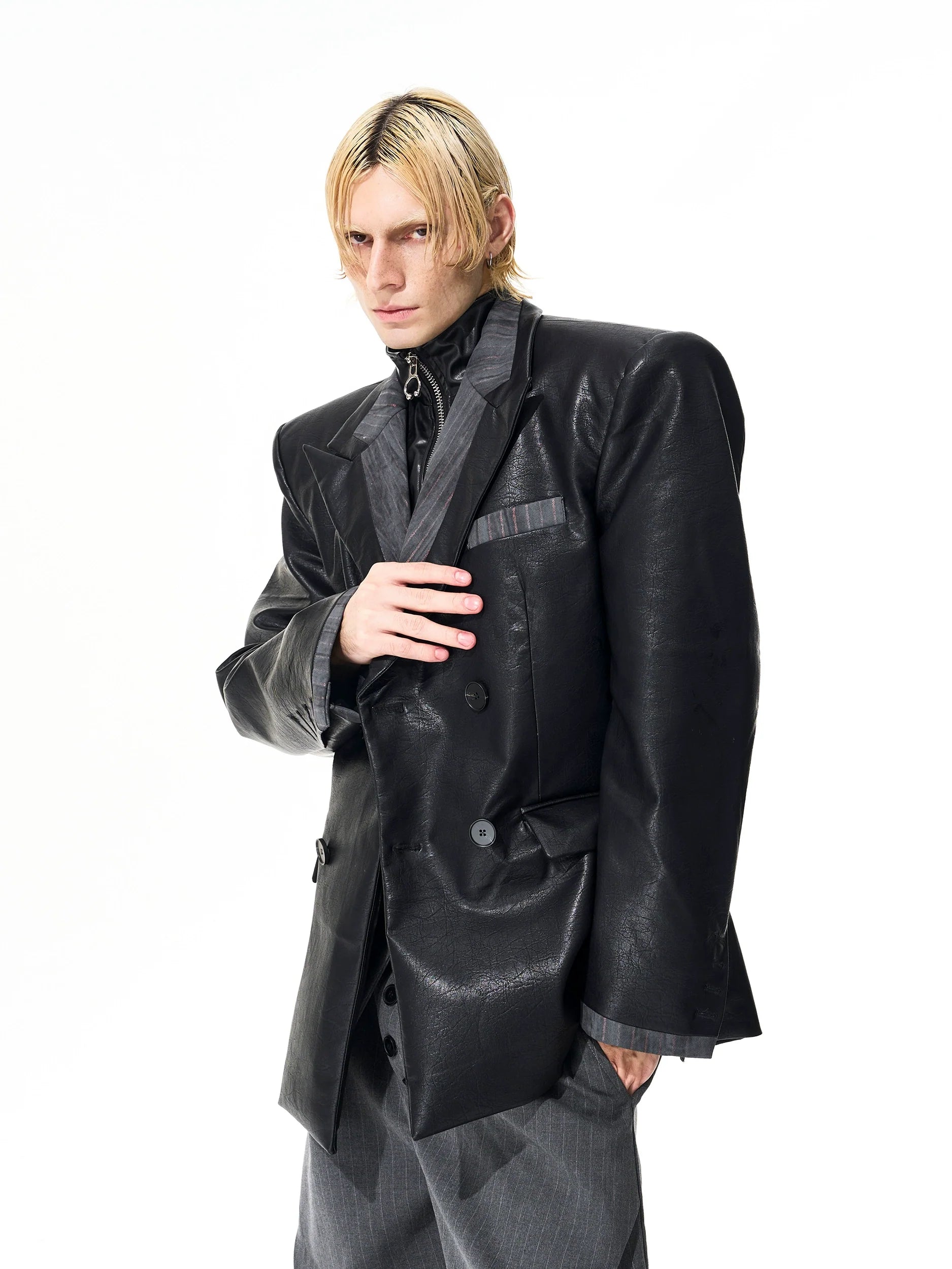 Black Faux Leather Blazer Jacket