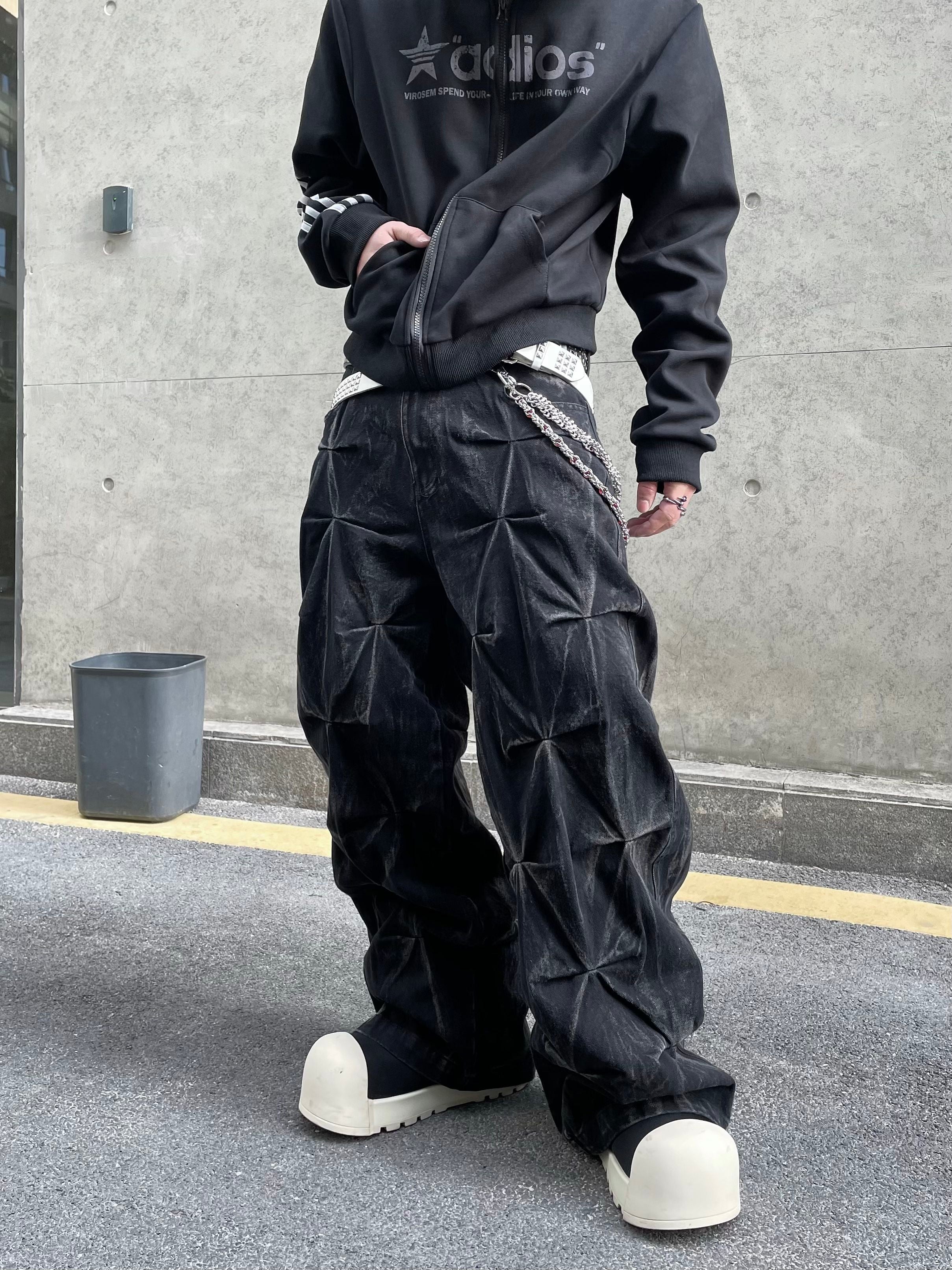 3D Geometric Pleated Wide Leg Jeans