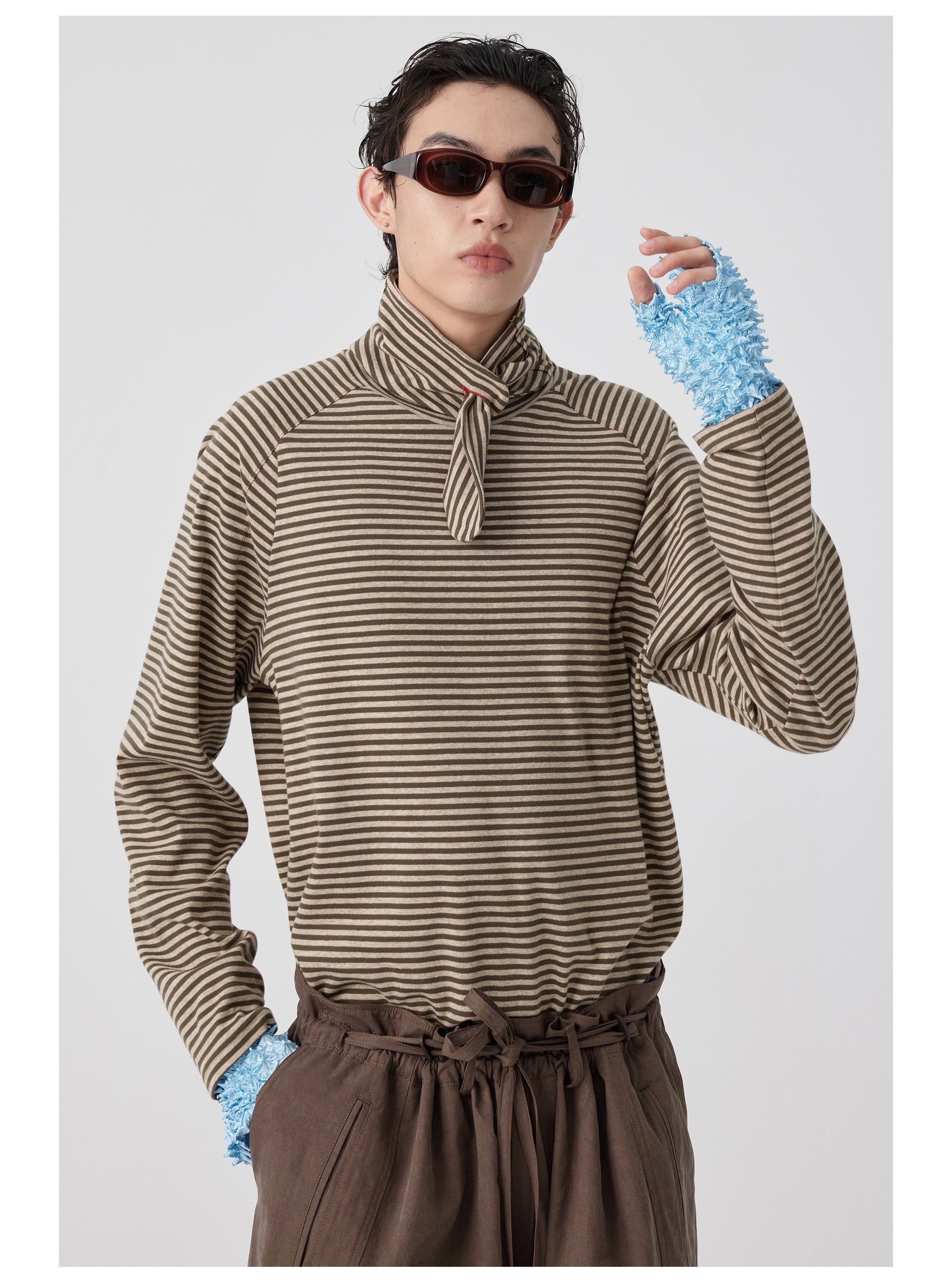 Striped Tie-Neck Long Sleeve Top
