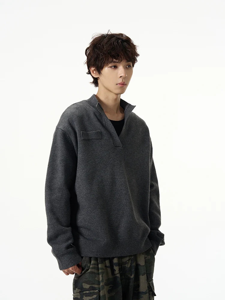 Charcoal Half-Placket Knit Sweater