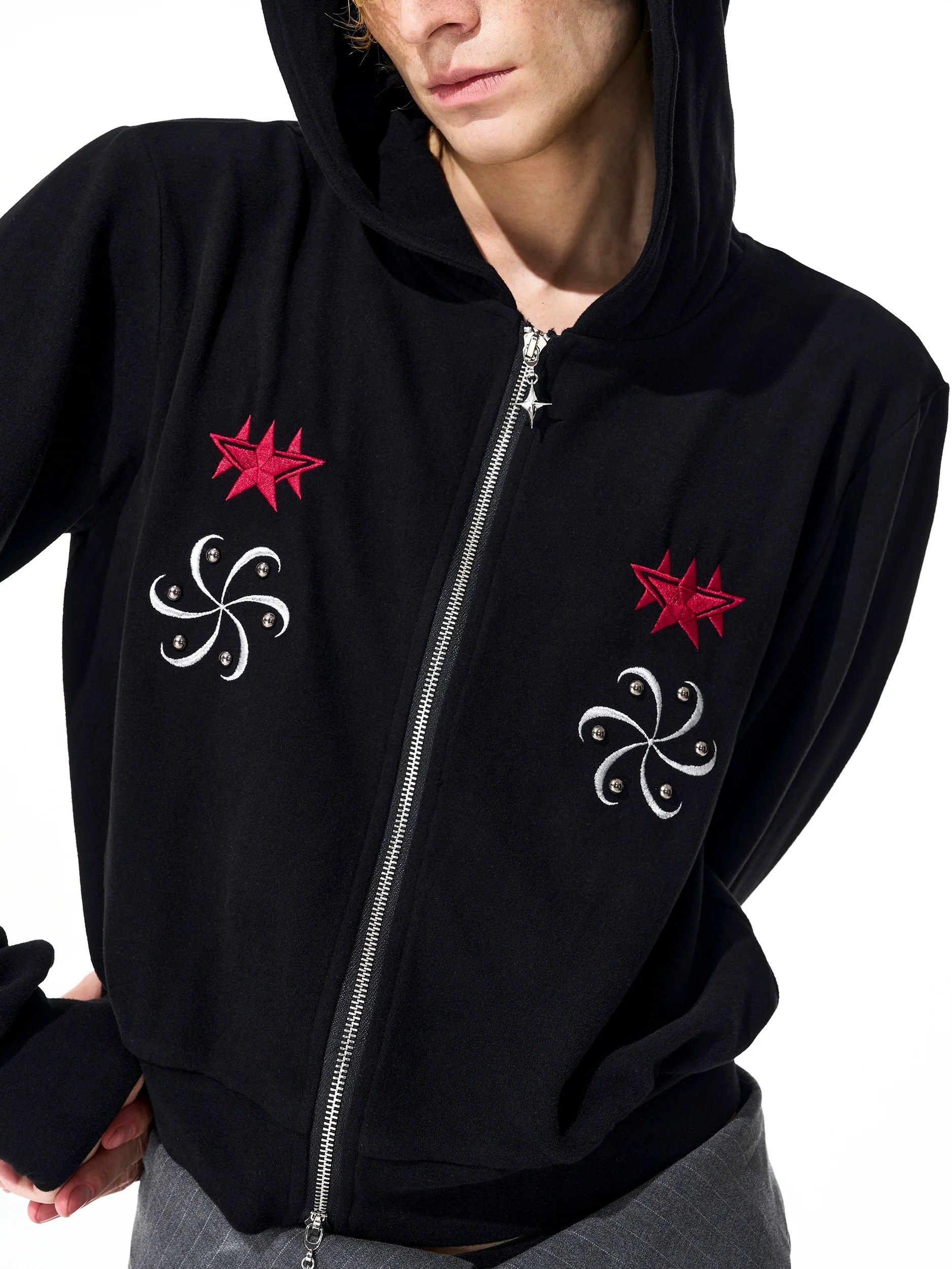Star Embroidered Black Crop Cardigan and Hoodie
