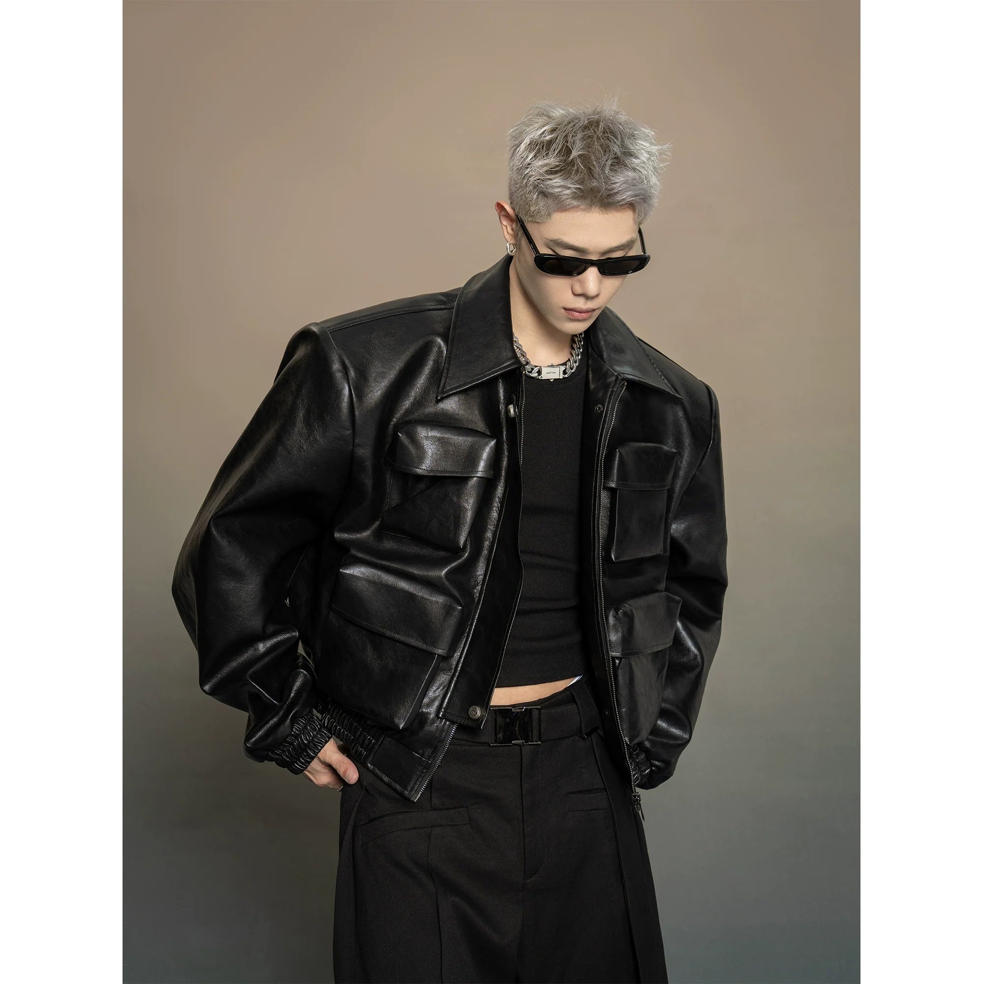 Boxy Faux Leather Cargo Pocket Jacket
