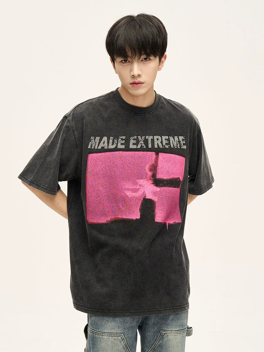 Acid Wash Graphic T-Shirt with Pink Print