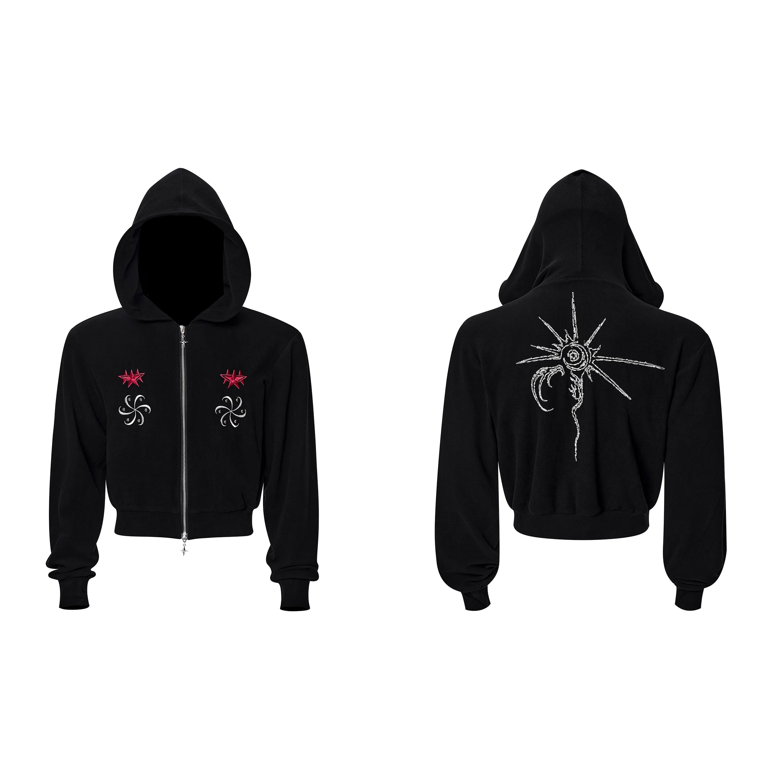 Star Embroidered Black Crop Cardigan and Hoodie