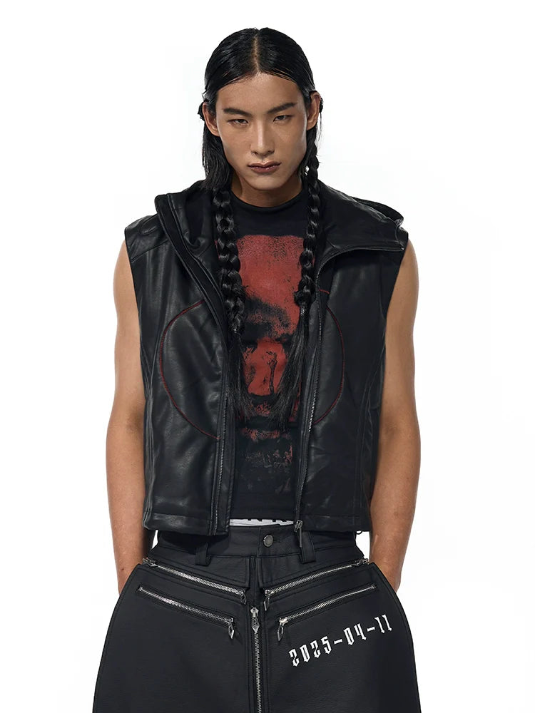 Black Sleeveless Hooded Leather Vest