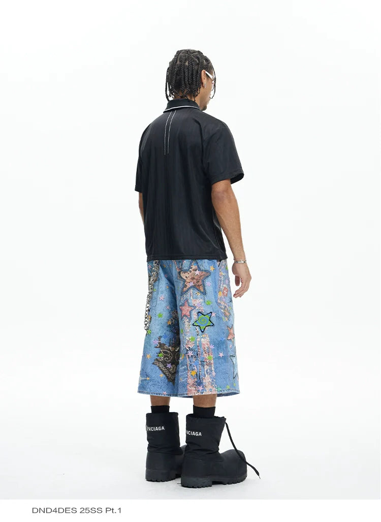 Graffiti Patchwork Denim Bermuda Shorts