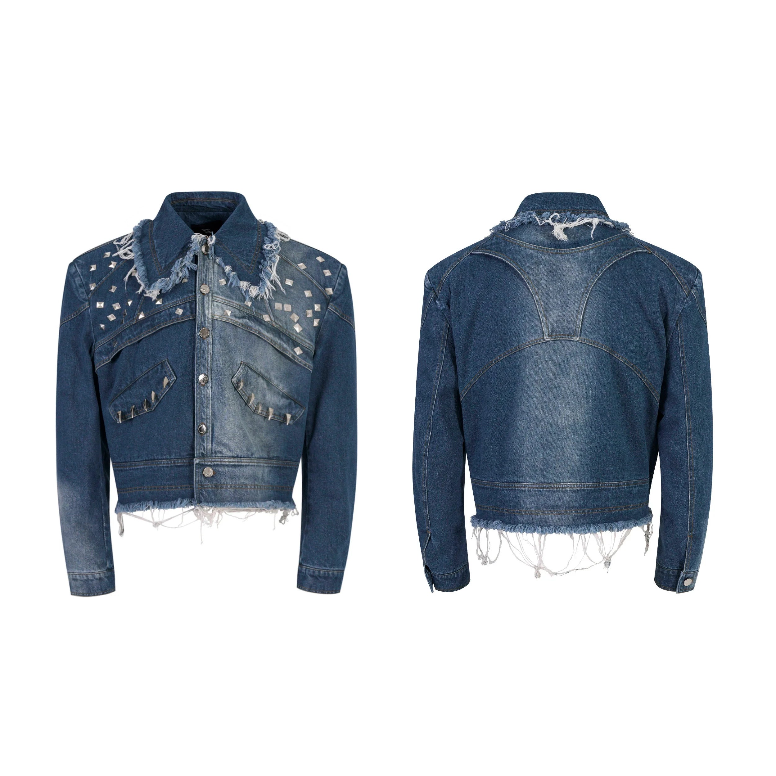 Studded Frayed Denim Jacket and Wide-Leg Jeans Setup
