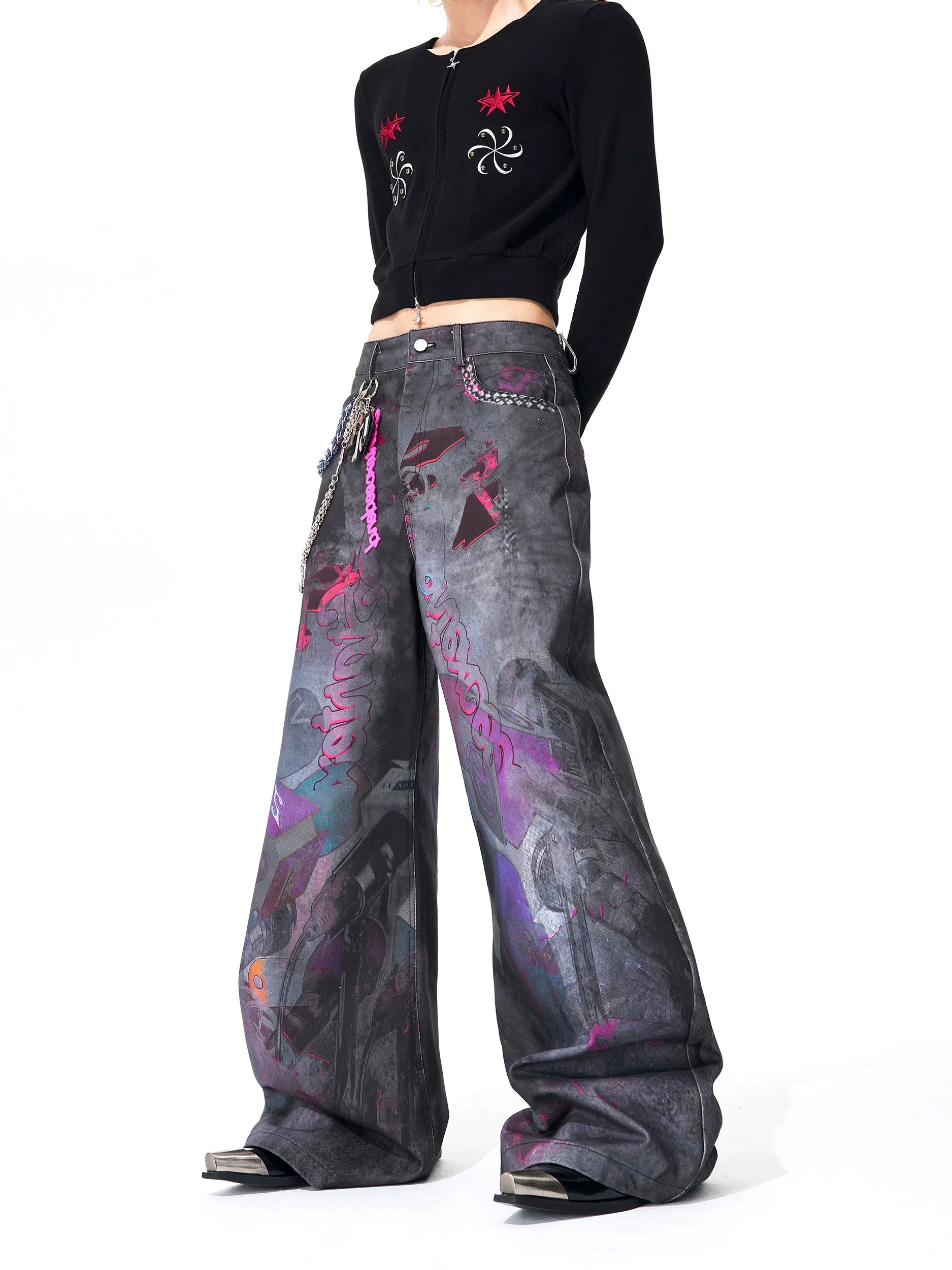 Graffiti Print Wide Leg Jeans