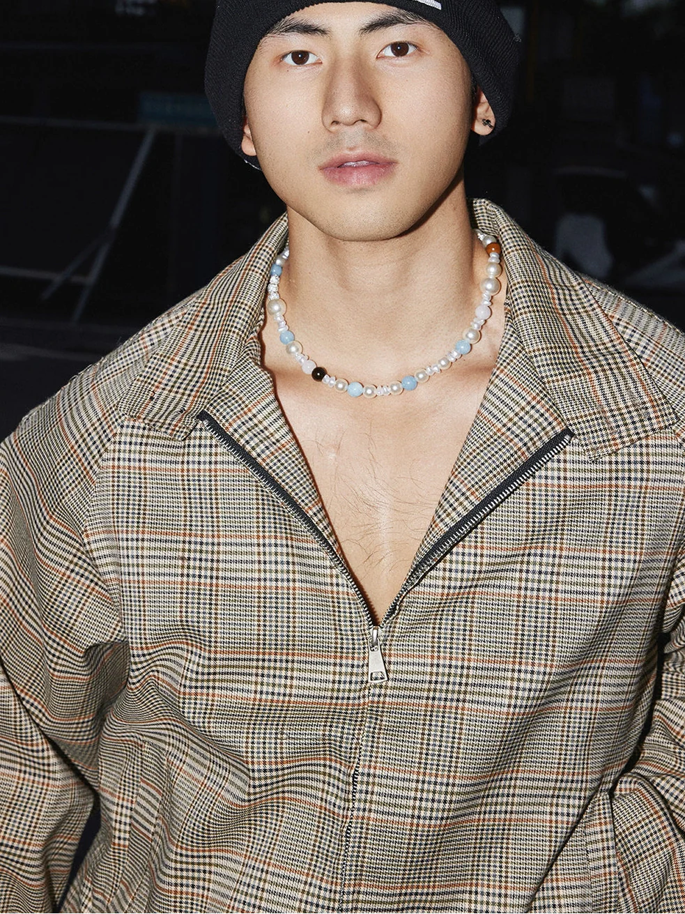 브라운 체크 지퍼 재킷