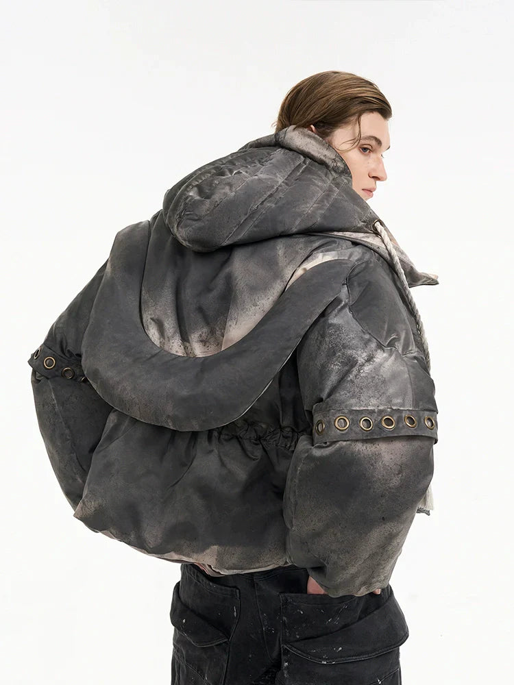 Hooded Double-Layer Puffer Jacket with Grommet Details