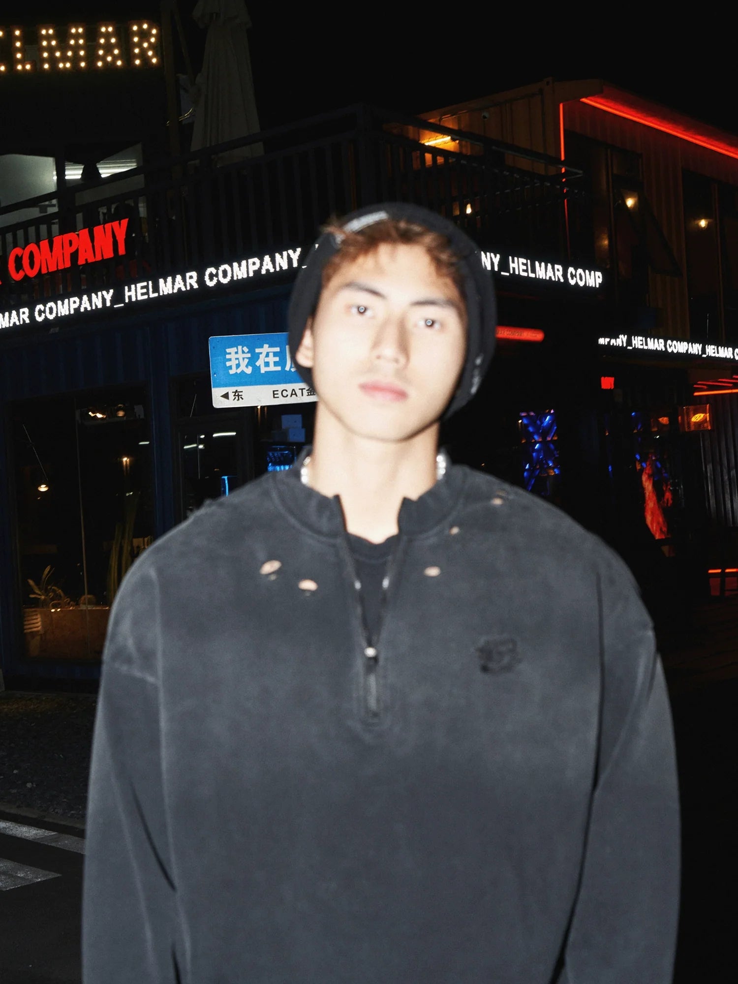 Distressed Black Quarter-Zip Sweatshirt