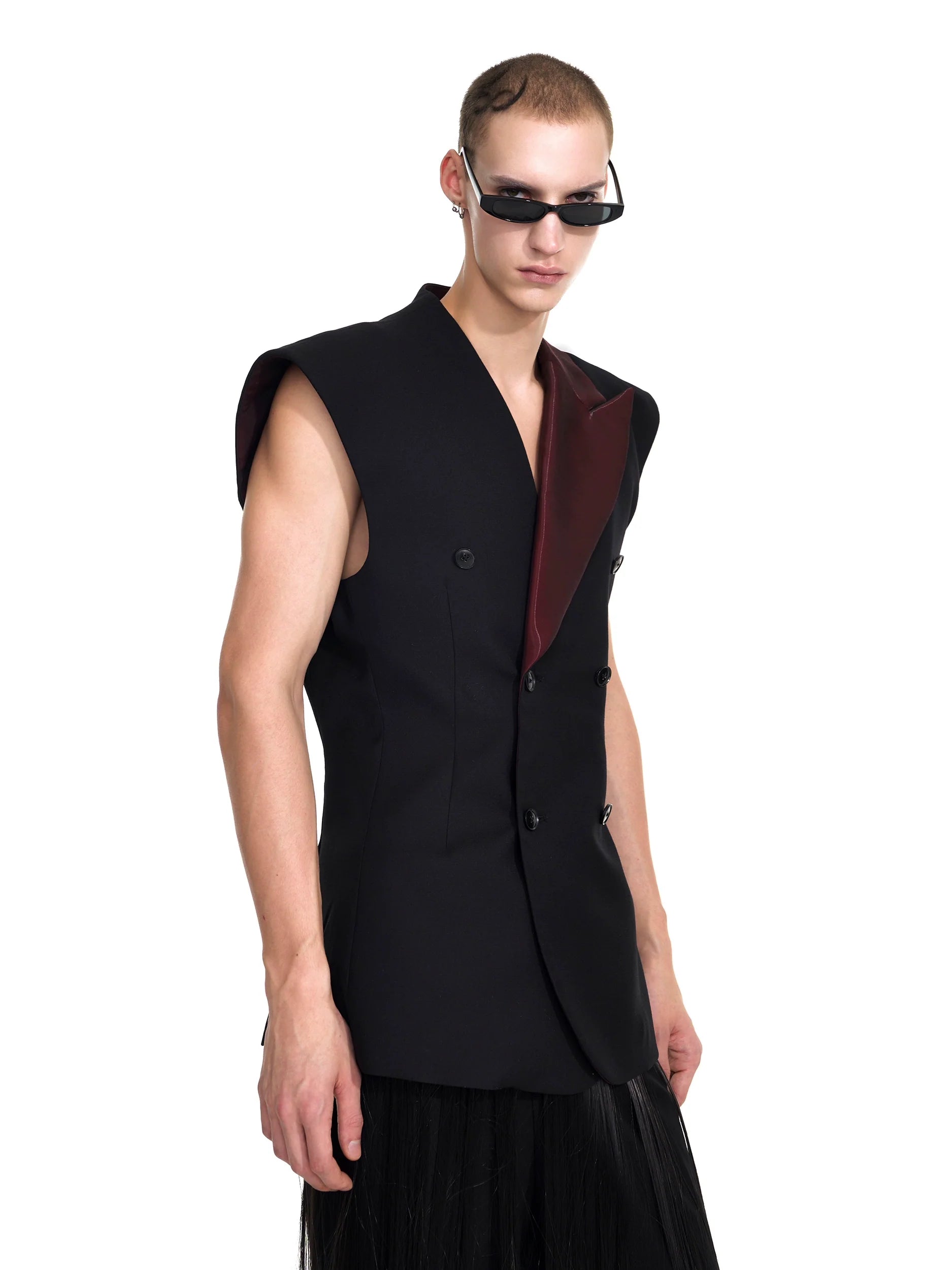 Double-Breasted Black Blazer with Asymmetrical Burgundy Lapel