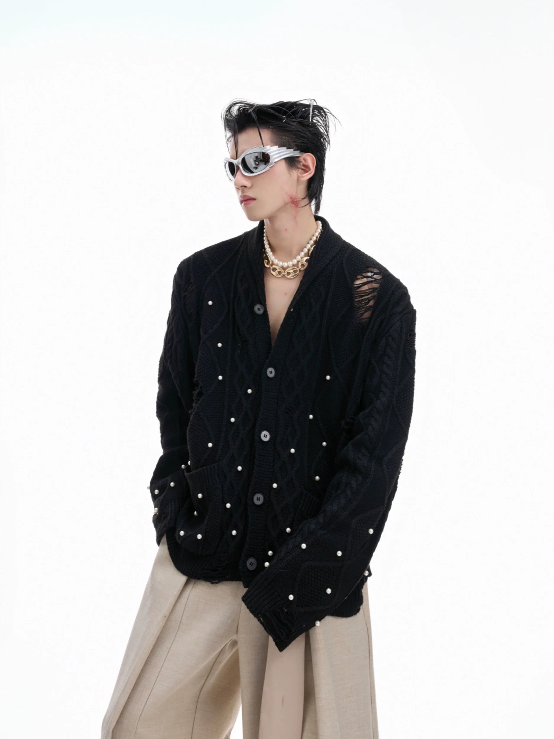 Distressed Pearl Embellished Knit Cardigan