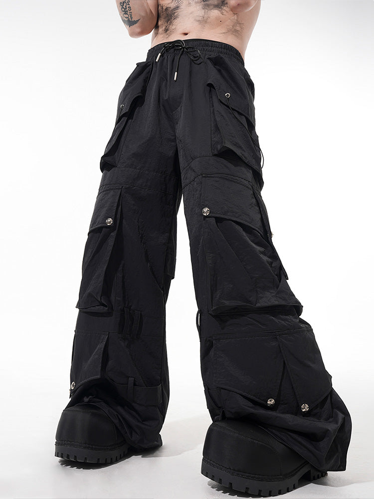 3D Black Wide-Leg Tactical Cargo Pants
