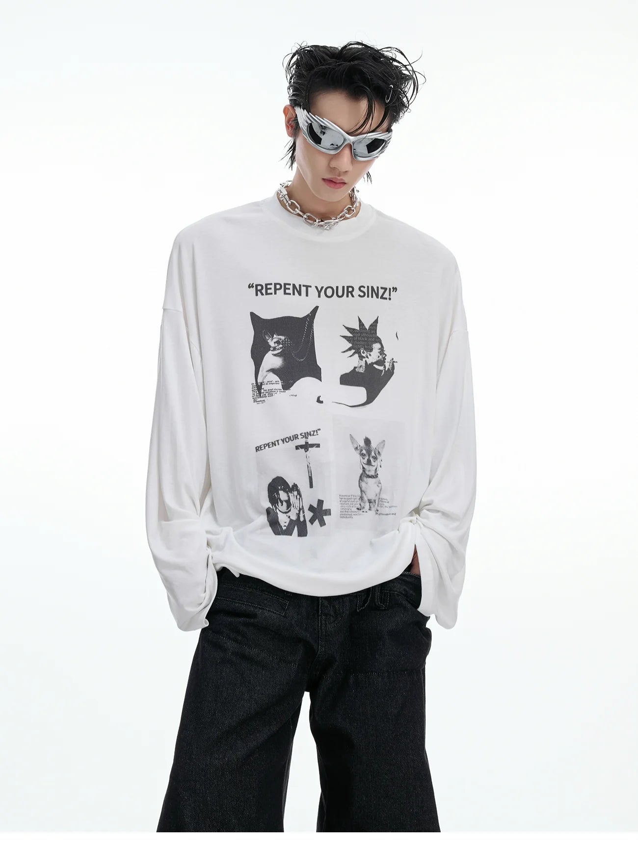 オーバーサイズグラフィックプリント長袖Tシャツ