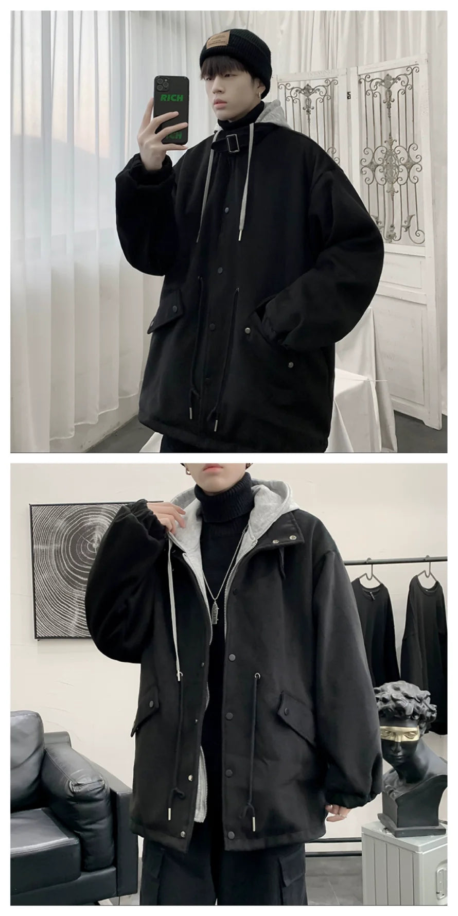 오버사이즈 울 후드 재킷