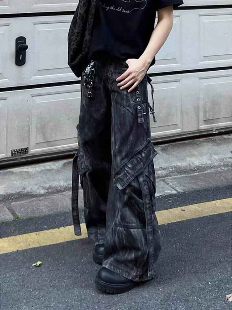 블랙 산성 워싱 카고 진