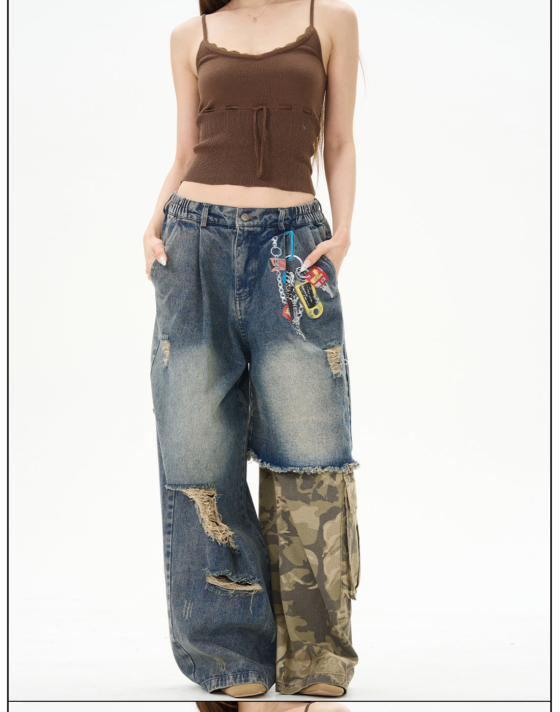 Distressed Patchwork Wide-Leg Denim Jeans