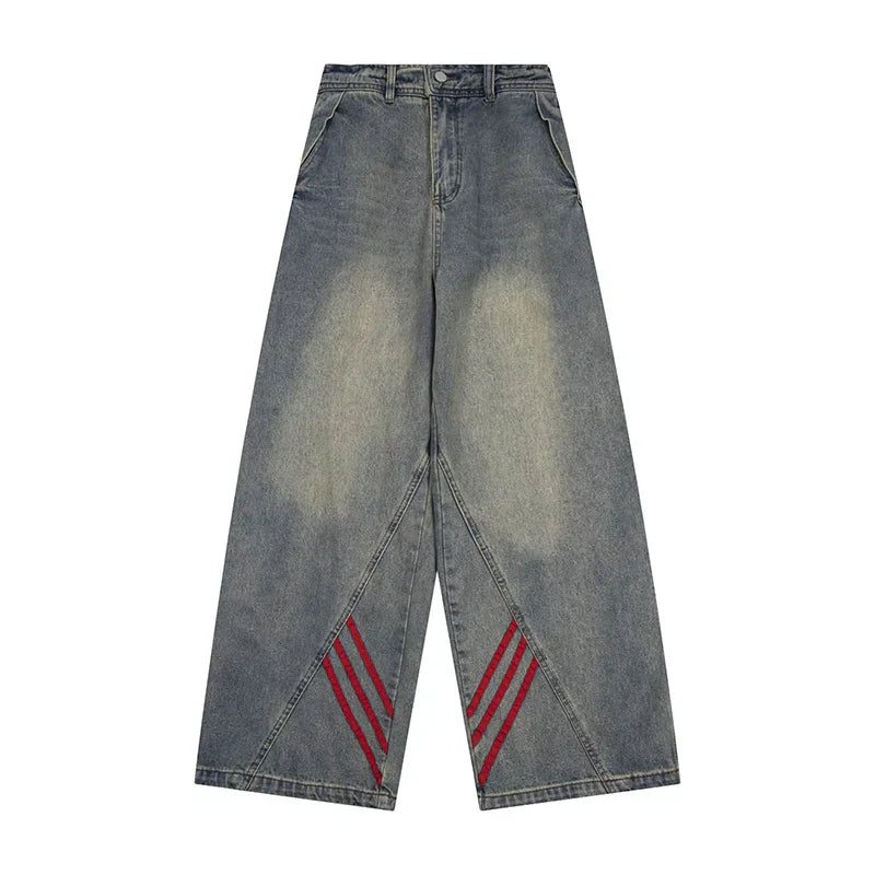Red Triple-Stripes Wide-Leg Light Wash Denim Jeans
