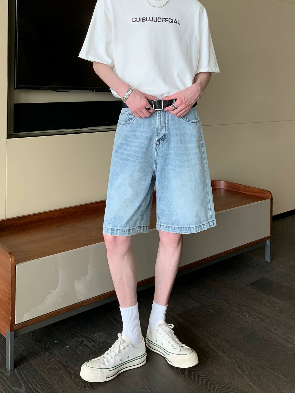 Faded Denim Shorts with Distressed Wash