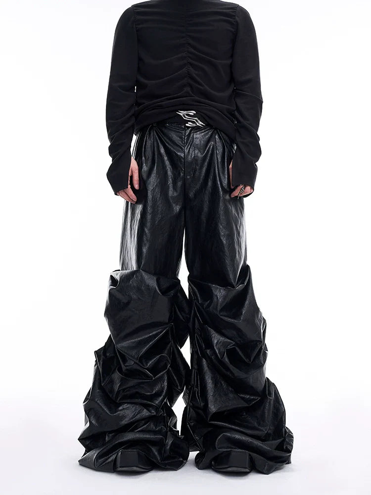 Ruched Faux PU Leather Wide-Leg Pants