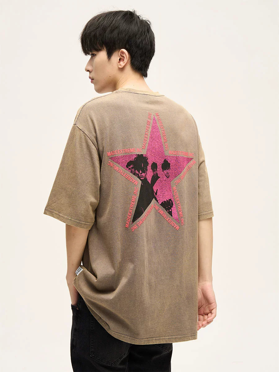 Acid Wash Graphic T-Shirt with Pink Print