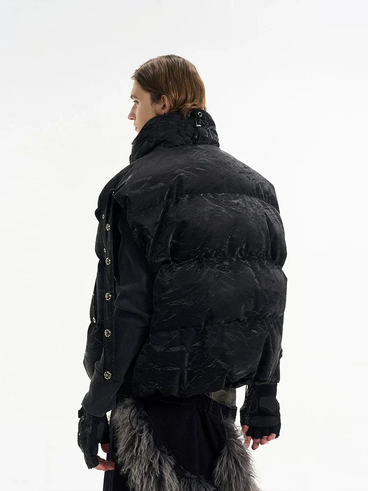 Textured Black Puffer Vest with Hardware Details and Grommet Straps