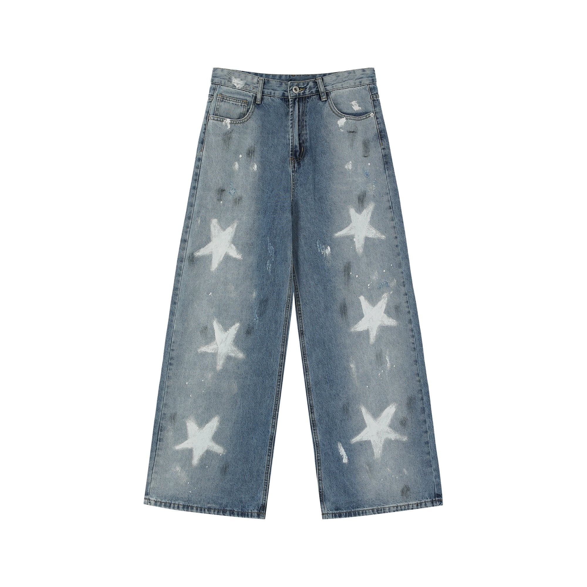 Wide-Leg Denim Jeans with White Star Print