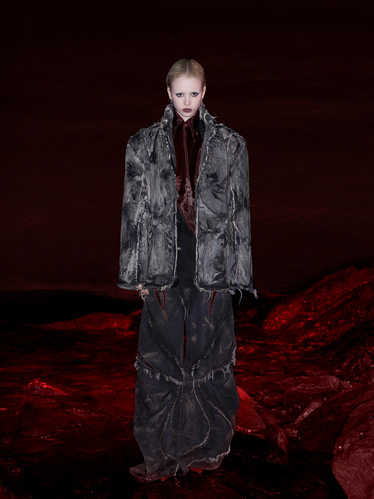 Distressed Wide-Leg Jeans with Leather Inlay Pattern