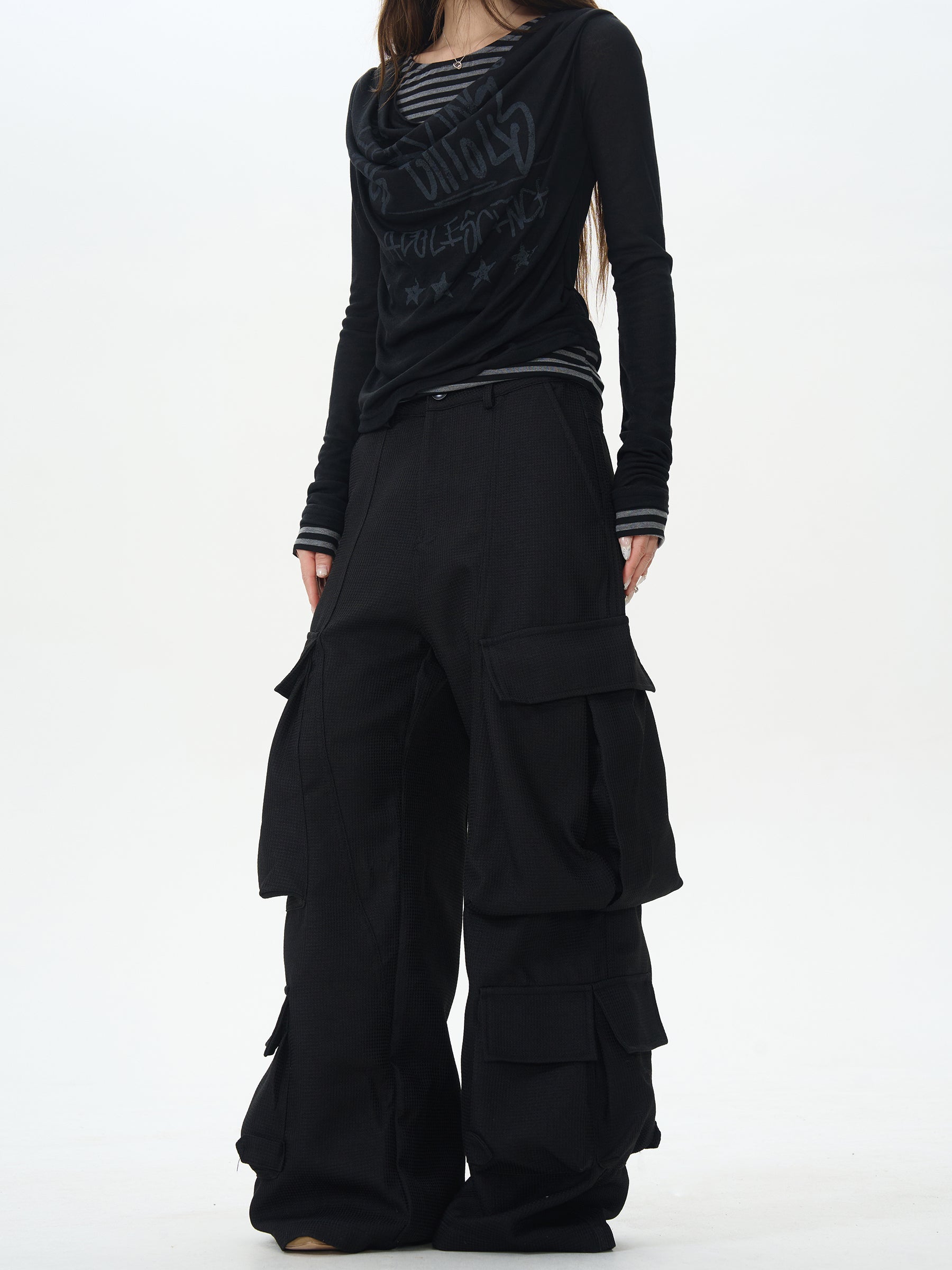 Black Wide Rave Cargo Pants