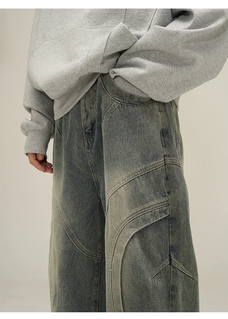 Wide-Leg Vintage Washed Jeans with Curved Stitching