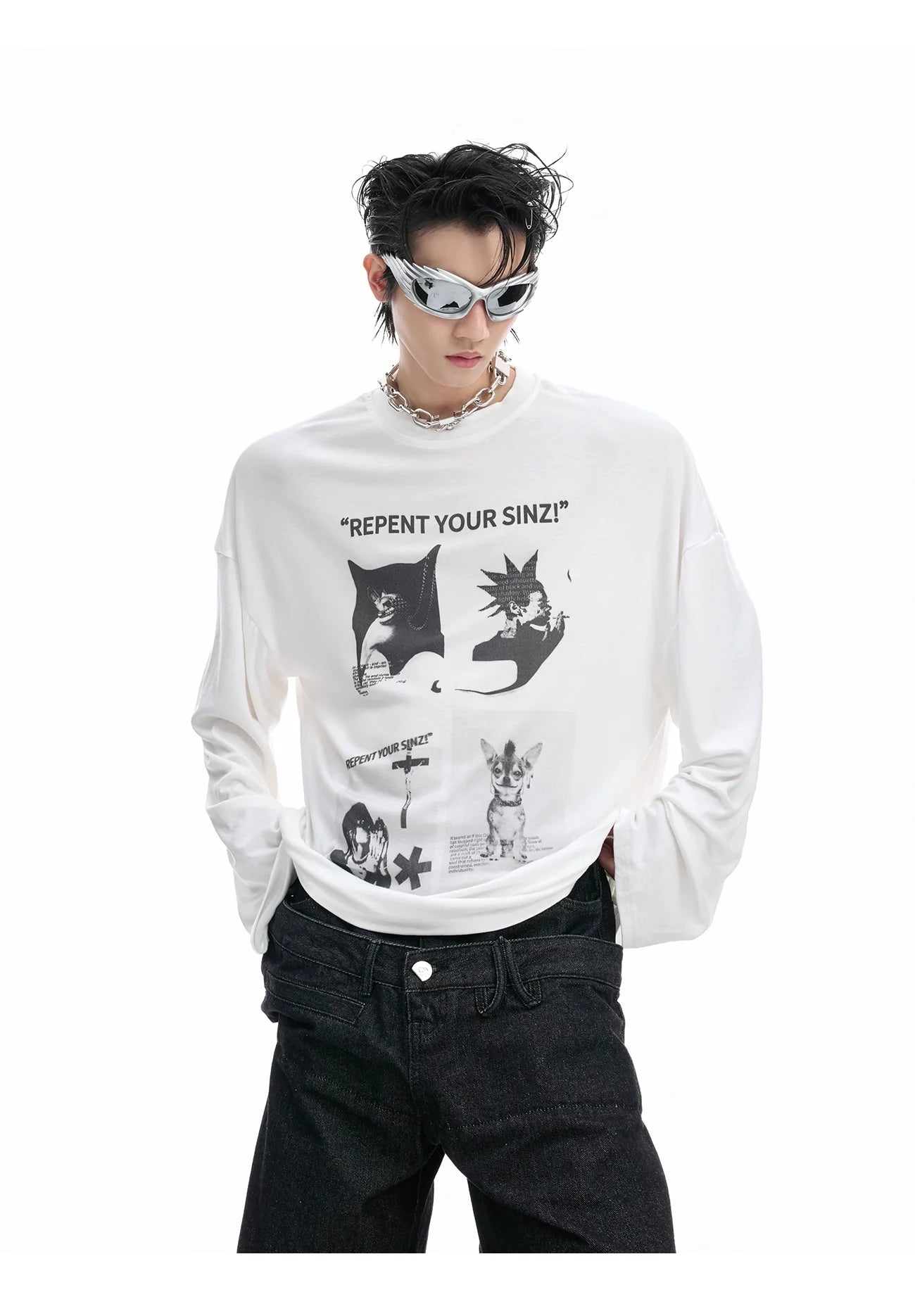 オーバーサイズグラフィックプリント長袖Tシャツ