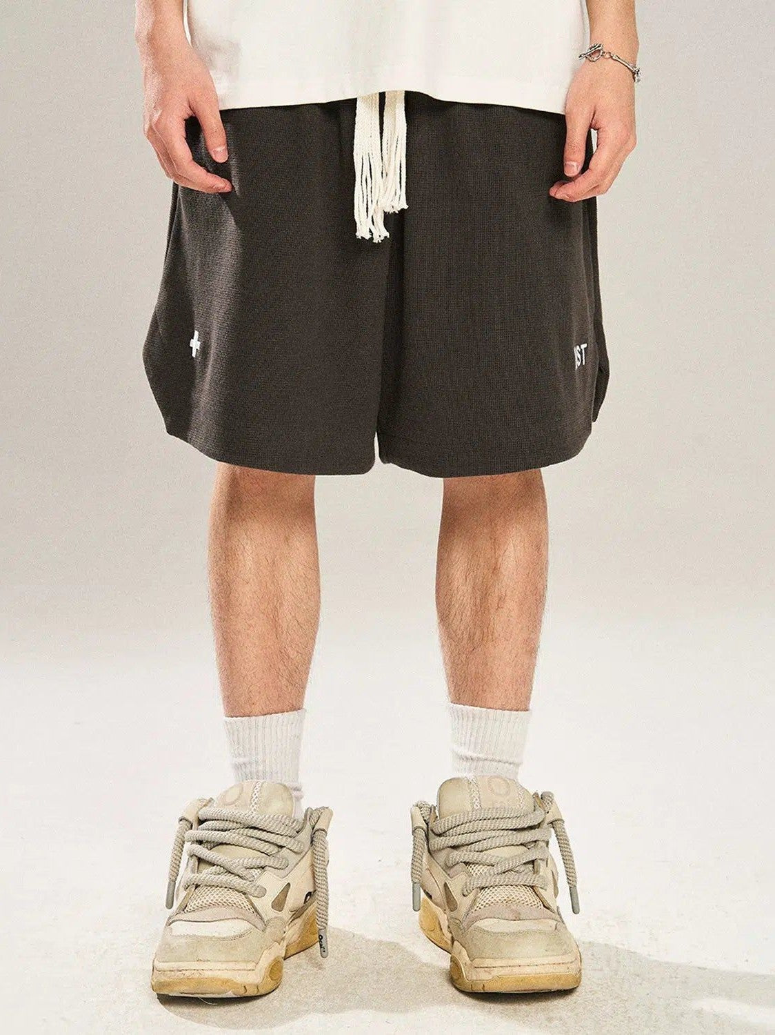 Drawstring Shorts with Distressed Look - chiclara