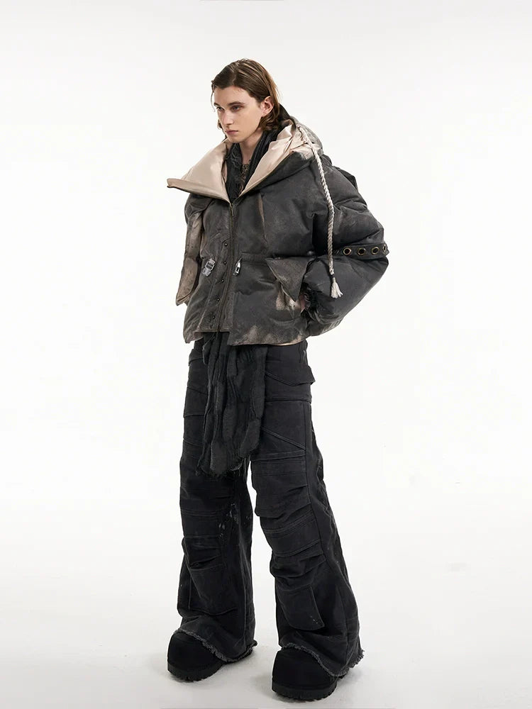 Hooded Double-Layer Puffer Jacket with Grommet Details