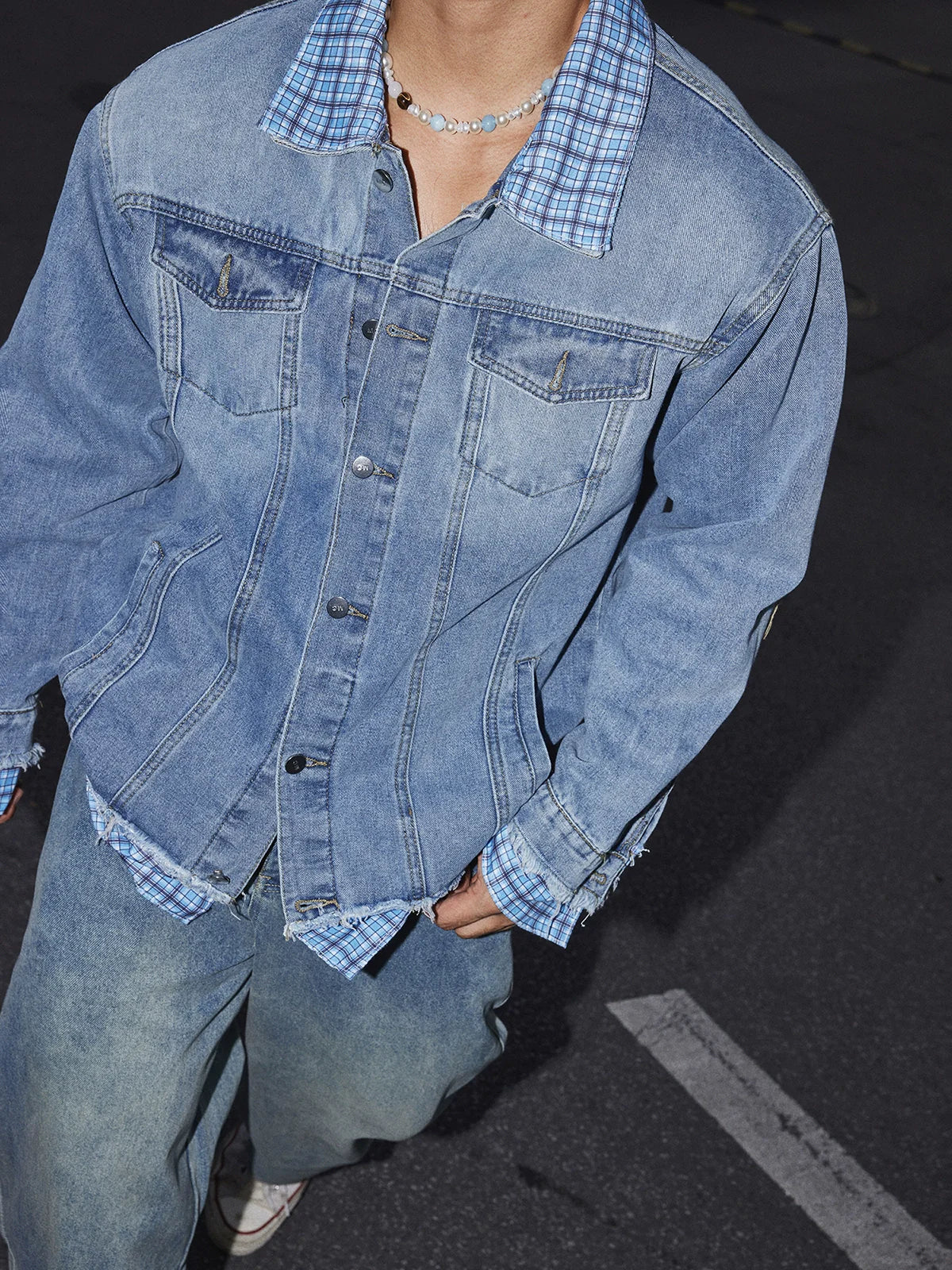 Layered Plaid Collar Denim Jacket