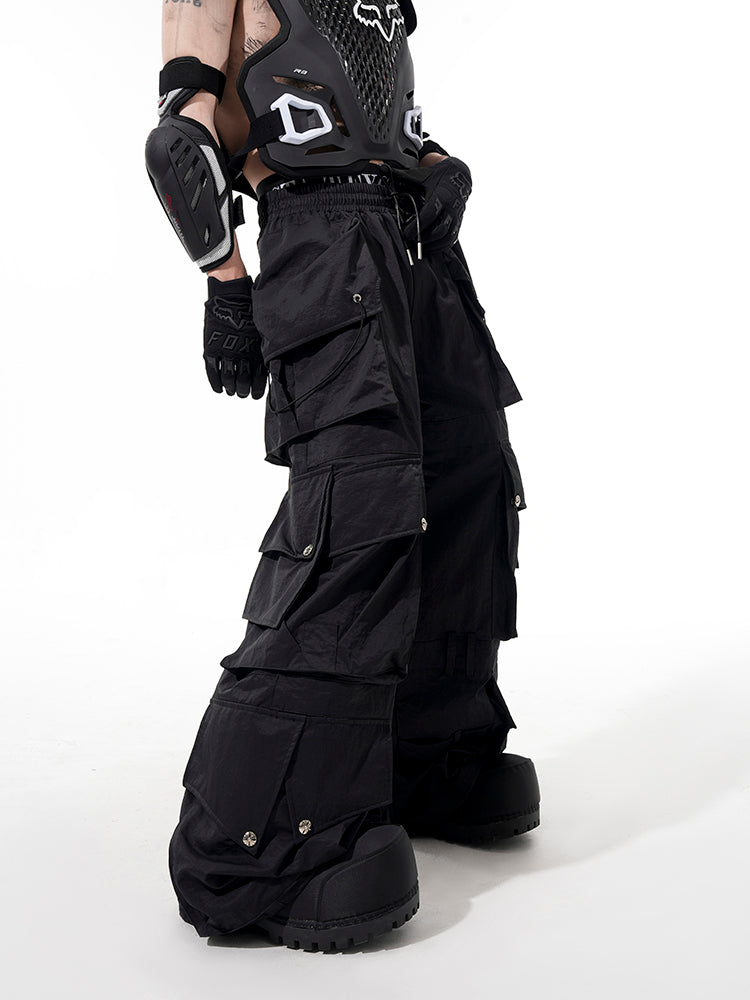 3D Black Wide-Leg Tactical Cargo Pants