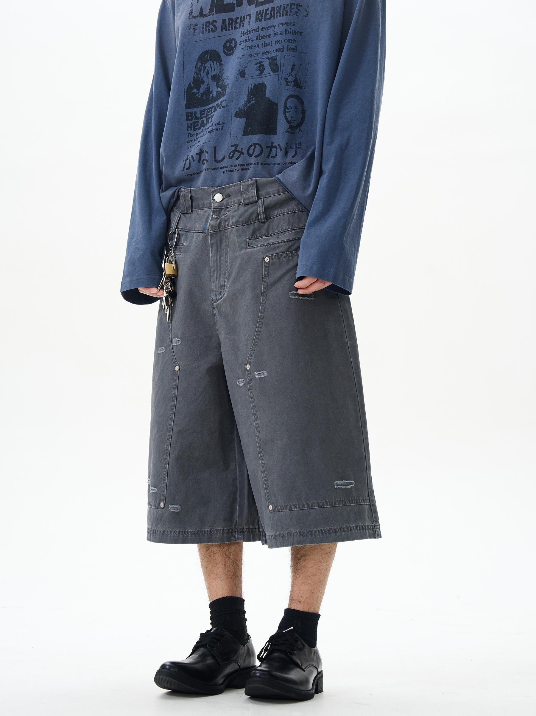 Distressed Grey Cargo Denim Shorts